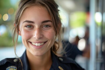Obraz premium Smiling portrait of a young female Caucasian police officer in a police station in the USA