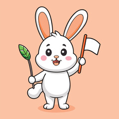 Fototapeta premium Cute White Rabbit Holding a Flag Cartoon Art Illustration Vector Design