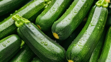 Fresh green zucchinis stacked together with droplets of water  