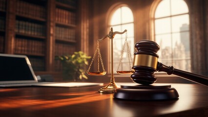 Gavel and Scales Represent Justice in Legal Office