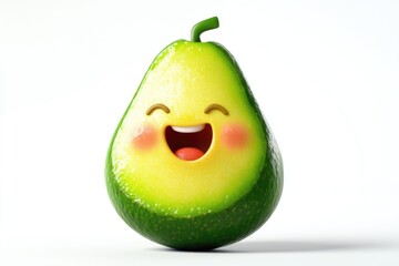 A cheerful cartoon avocado, halved, displays a joyful expression against a white backdrop.