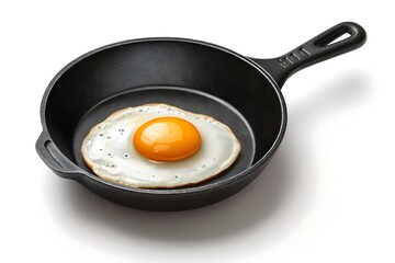 A perfectly fried egg, sunny-side up, nestled in a dark cast iron skillet, showcasing its golden yolk and delicate white.