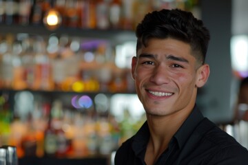 Fototapeta premium Smiling portrait of a young Hispanic male bartender in a modern bar