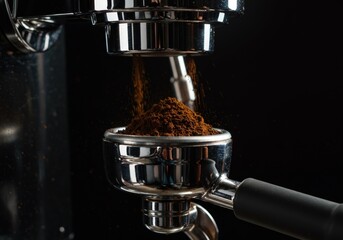 Freshly ground coffee falling into portafilter from professional grinder against black background. Close-up view of espresso preparation process for baristas and coffee lovers.