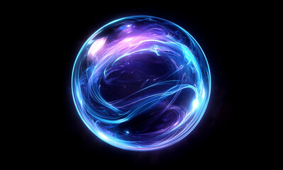 Glowing blue and purple abstract sphere of tiny particles like data flow on a dark background. Creative digital tech circle