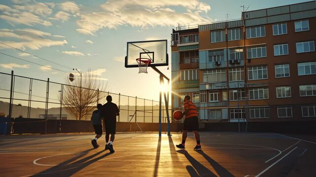 Friends playing basketball at a local court, enjoying a friendly match
