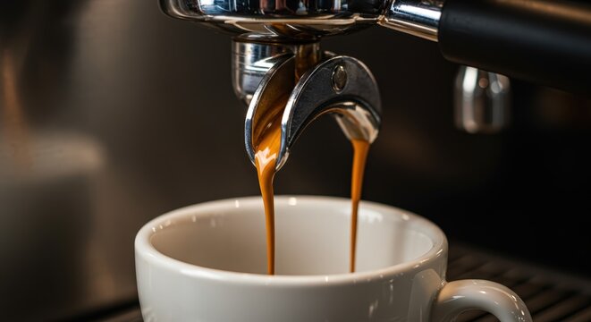 Fresh espresso pouring from professional coffee machine into white cup. Close-up view of brewing process with rich crema streams. Barista equipment for cafe and home brewing concept.
