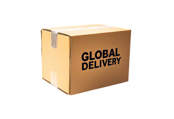 Package for worldwide shipping with clear label marked global delivery isolated on transparent background