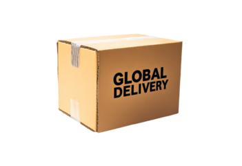 Package for worldwide shipping with clear label marked global delivery isolated on transparent background