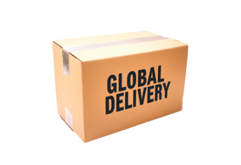 Global shipping and delivery concepts with delivery boxes and cargo containers isolated on transparent background