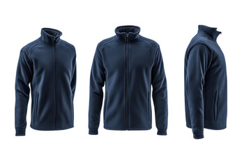 Three views of a navy blue fleece jacket with a zipper and pockets on a black background