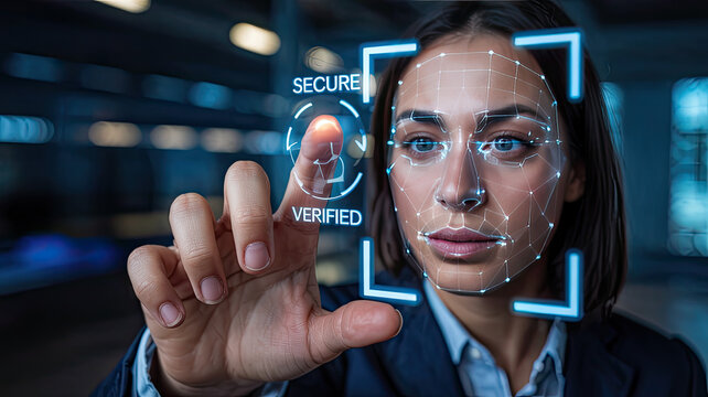 Digital Identity Verification: A person interacts with a futuristic interface, highlighting facial recognition technology and security, emphasizing digital safety and the future of authentication. 