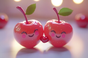 Two cute cartoon cherries in love, holding a heart,  romantic and adorable.