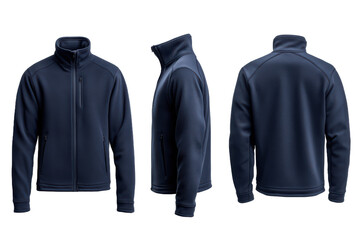 Three views of a navy blue fleece jacket with a zipper and a stand up collar on a black background