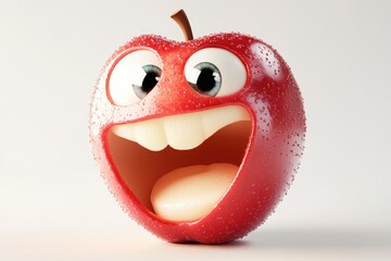 A 3D-rendered cartoon apple with big eyes and a wide-open, smiling mouth.