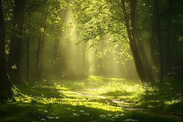 Obraz premium witness a captivating scene emerge as a soft stream winds through a green forest base covered in a rich moss blanket with a mystic play of light and shade 