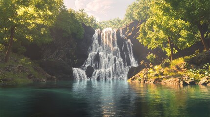 A calm lake surrounded by rich green foliage

