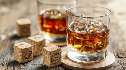 Cork sign next to a glass of whiskey, symbolizing the choice to stop drinking and promote responsible behavior towards alcohol consumption.