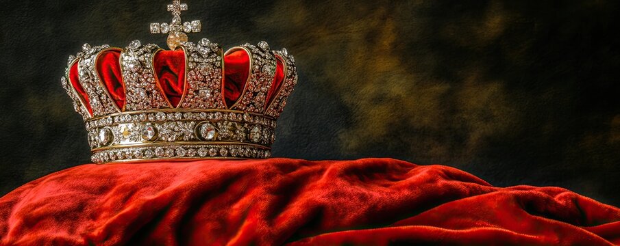 The United Kingdom's monarchic symbols are depicted in an illustration featuring a royal golden crown with jewels on a golden pillow set against a red background, leaving copyspace to the left