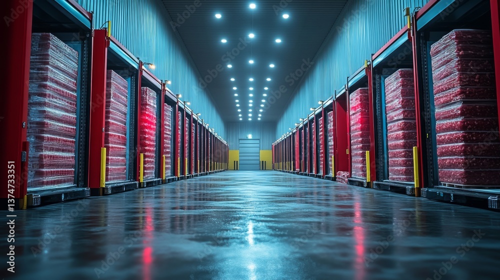 Fototapete Rows of neatly organized pallets filled with perishable goods are stored in a climate controlled cold storage facility, designed for efficient logistics and distribution operations.