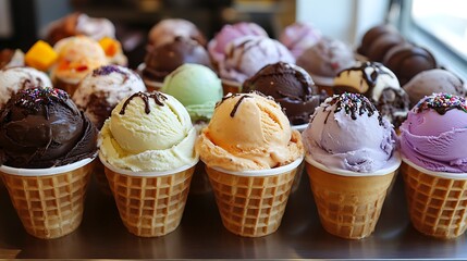 Assorted ice cream cones with vibrant scoops. Delicious variety of flavors and toppings in waffle cones. Colorful and creamy dessert display for 33 Flavors Day. Ice cream celebration