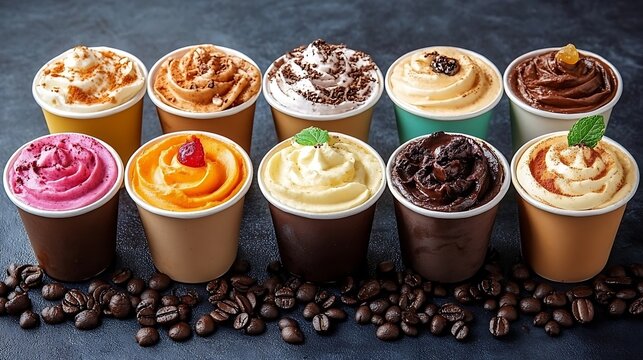 Colorful dessert cups with various flavored whipped creams. Vibrant assortment of sweet treats in paper cups. Diverse flavor combinations in visually appealing presentation. 33 Flavors Day concept