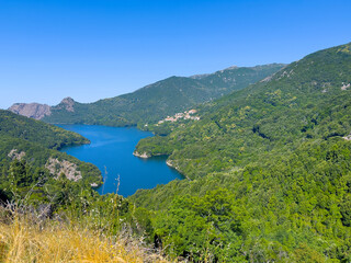 Fototapeta premium Ocana, Corsica, France - July 8, 2024: Green mountain landscape with the blue Lac de Tolla Lake