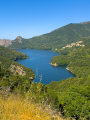 Ocana, Corsica, France - July 8, 2024: Green mountain landscape with the blue Lac de Tolla Lake