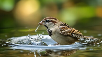 Fototapeta premium A sparrow drinking water from a pool with water droplets and a blurred green background outdoors
