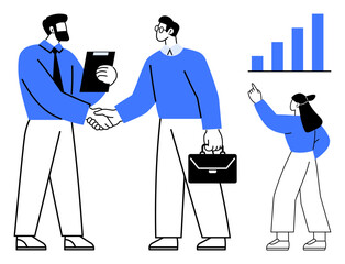 Two businesspeople shaking hands with a third pointing at a growing bar chart. Ideal for business, teamwork, growth, meetings, partnerships, collaboration, presentations. Flat simple metaphor