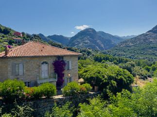 Ocana, Corsica, France - July 8, 2024: Green mountain landscape. A mansion on the border of the village and the deeper valley