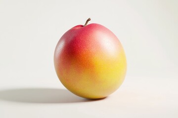 A single ripe mango, red and yellow, sits on a white background, showcasing its vibrant color and smooth skin.