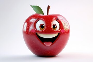 A happy, cartoon apple with big eyes and a wide smile, full of playful charm.