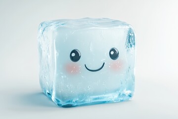A cute, smiling ice cube, frozen water, crystal clear, refreshing.