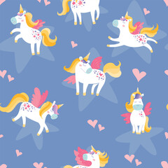 Childens magic unicorn seamless pattern. Cute fairytales ornament hand drawn