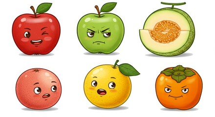 Fototapeta premium Emotional funny fruits in a cartoon fun style set on a white background