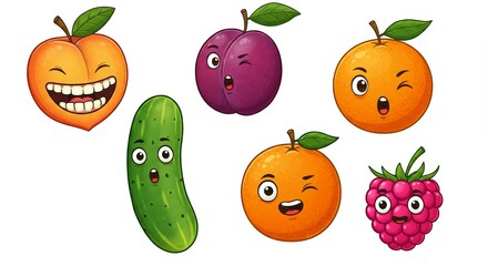 Fototapeta premium Emotional funny fruits in a cartoon fun style set on a white background