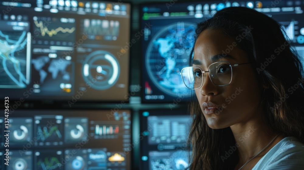 Poster business analyst examining data insights and trends using advanced analytics tools in a tech-driven 