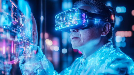 An elderly man engages with futuristic technology. The concept of how technology bridges generational gaps and enhances accessibility for all ages. Generative AI.