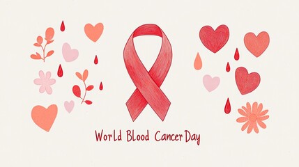 Hand-sketched red ribbon with red and black hearts and floral elements for Blood Cancer Day