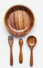 Wooden Bowl with Spoon and Fork on White Background Food Styling