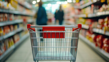 A close-up of a shopping cart in an American grocery store, with shelves filled with various products and people walking by blurred in the background. 