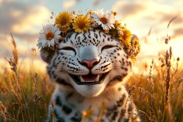 Summer happiness. Cute adult animal snow leopard wearing fierce flower wreath on its head. Golden hour in sunset. Wild animal and soft floral glow. Happy wild animal in bloom.