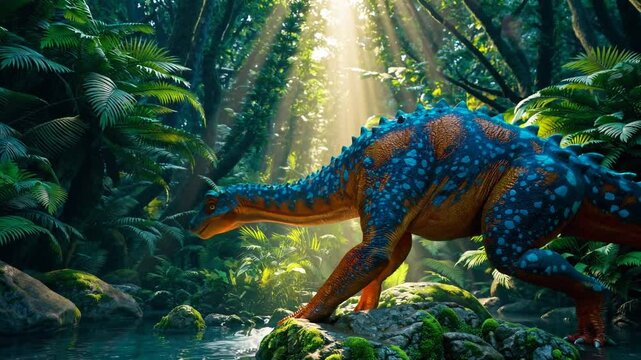 Morning sunbeams illuminate ancient predator's domain. Orange-blue Hadrosaurus patrols dense prehistoric terrain beside flowing waters