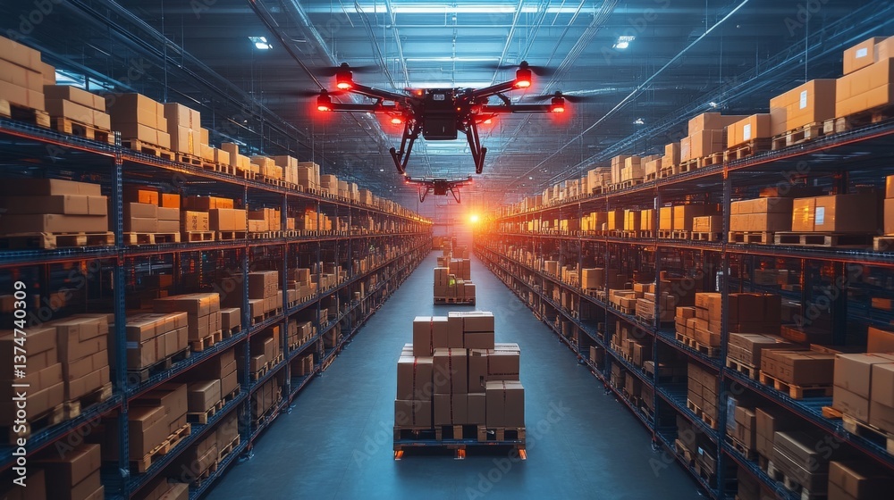 Poster A drone is positioned above rows of stacked boxes in a large warehouse, efficiently managing inventory as the sun sets, highlighting advanced logistics technology.