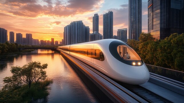 A highspeed maglev train travels smoothly along elevated tracks over a river, surrounded by skyscrapers, as the sun sets and casts a warm glow on the scene.