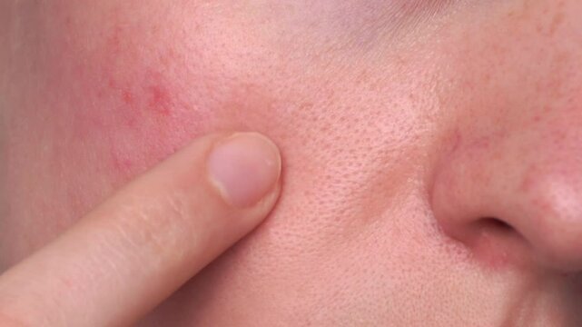 Macro close-up of female face with visible enlarged pores and redness. Finger pointing to irritated cheek. Real skin texture for skincare or dermatology themes.