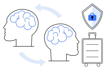 Two heads with brain outlines connected by arrows, adjacent to a shield with lock and a suitcase. Ideal for technology, neuroscience, data protection, communication, innovation, security