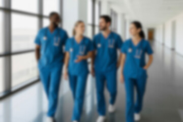 blurred for background Healthcare Team Walking in Hospital Hallway. Diverse Medical Professionals in Scrubs, Smiling and Collaborating. Confident Doctors and Nurses Discussing Patient Care. Teamwork