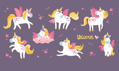 Childens magic with cute unicorn. Fairytales white horns with pink stars.